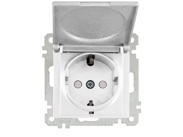 Розетка 1-ая (скр, б/рамки, с/з,шторки, с крышкой) белая, CANDELA (DARIA), MUTLUSAN