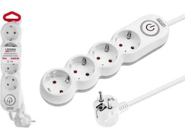 Удлинитель 5м (4 роз., 2,2кВт, с/з, выкл, ПВС 3х0,75) LEIDEN ELECTRIC