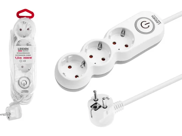 Удлинитель 1,5м (3 роз., 3,5кВт, с/з, выкл, ПВС 3х1,5) LEIDEN ELECTRIC