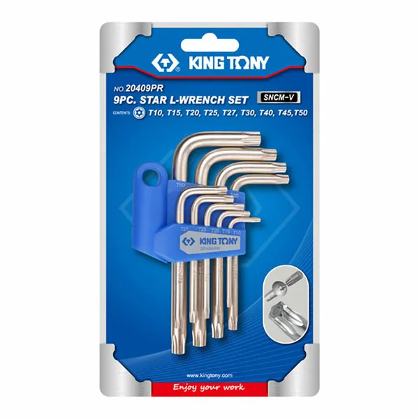 Набор Г-образных TORX, T10-T50, короткие с отверстием, 9 предметов KING TONY 20409PR