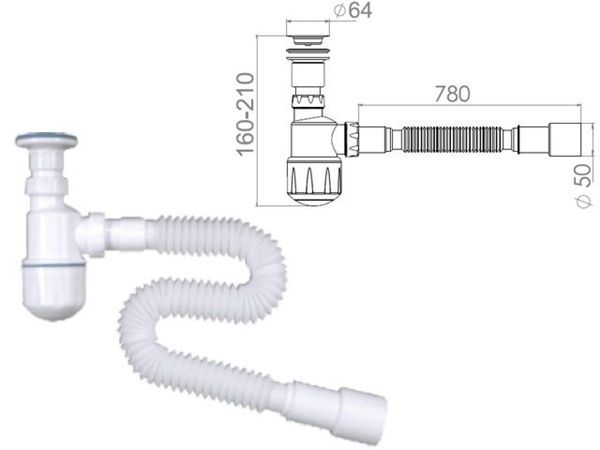 Сифон для биде, выпуск 64мм, с гибкой трубой 1 1/4"- 40/50мм, AV Engineering