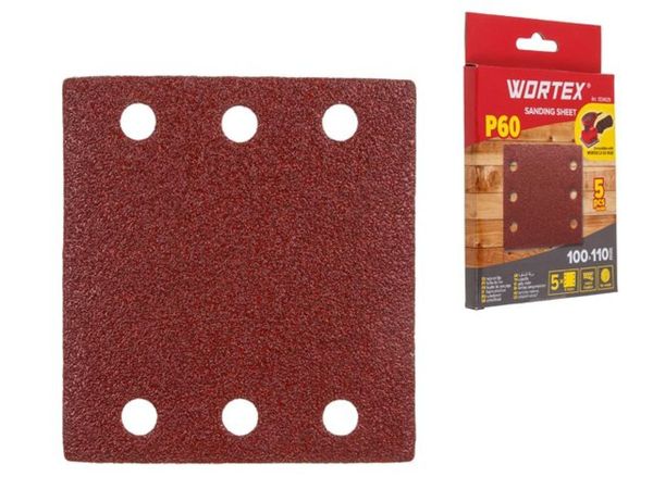 Шлифлист 100х110мм Р60 д/дерева самосцепл. 6 отв. 5 шт. WORTEX