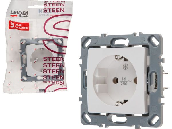 Розетка 1-ая (скрытая, механизм, с/з) белая, Steen, LEIDEN ELECTRIC