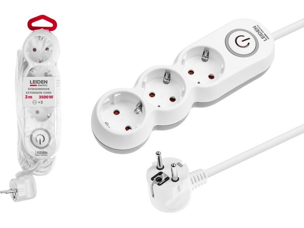 Удлинитель 3м (3 роз., 3,5кВт, с/з, выкл, ПВС 3х1,5) LEIDEN ELECTRIC