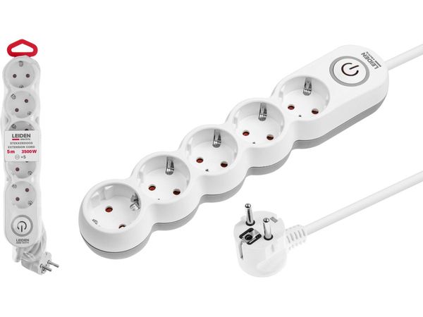 Удлинитель 5м (5 роз., 3,5кВт, с/з, выкл, ПВС 3х1,5) LEIDEN ELECTRIC