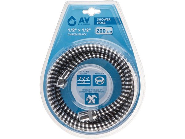Шланг душевой, PVC, 1/2" г-г 200 см, хром-черн., AV Engineering