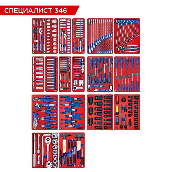 Набор инструментов 346 предметов, "СПЕЦИАЛИСТ 346", для тележки, 17 ложементов, МАСТАК 5-00346