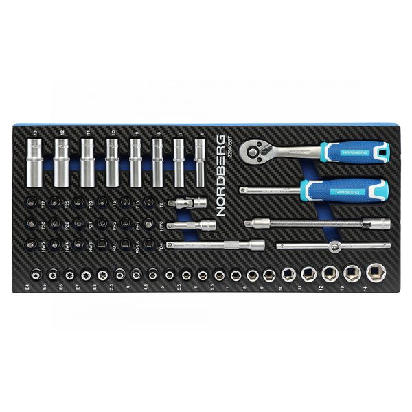 Набор головок NORDBERG 2296053T, 1/4" в ложементе, 53 предмета для тележки