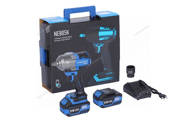 Гайковерт аккумуляторный NORDBERG NE805K (1/2", 21 В, 1000 Нм, с двумя 4 A аккум. и зар. уст-вом, в кейсе)