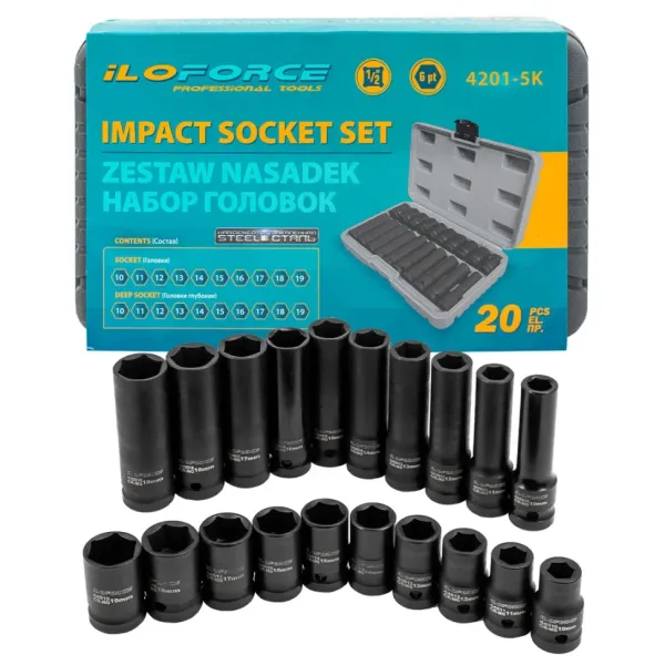 Набор головок 20пр., 1/2''(6гр.) (короткие 38мм/глубокие 78мм: 10-19мм) в пласт.кейсе