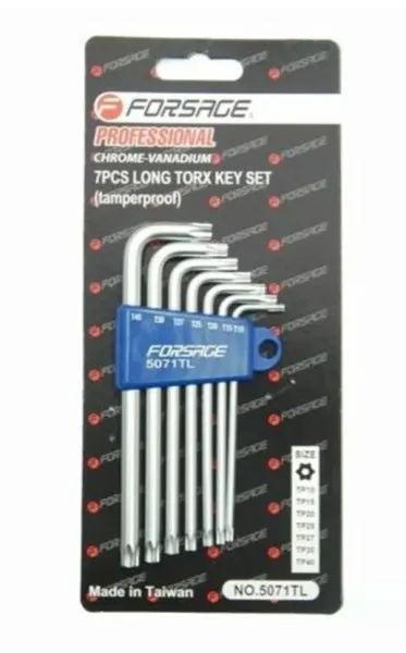 Набор ключей TORX Г-образных экстра длинных с отверстием 7пр.(Т10Н,Т15Н,Т20Н,Т25Н,Т27Н,Т30Н,Т40Н) в пластиковом держателе