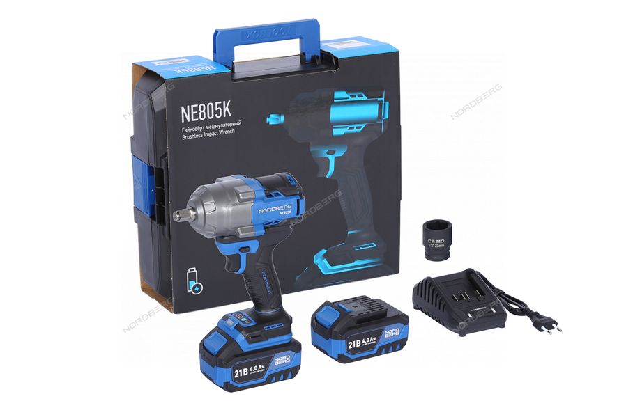 Гайковерт аккумуляторный NORDBERG NE805K (1/2", 21 В, 1000 Нм, с двумя 4 A аккум. и зар. уст-вом, в кейсе)