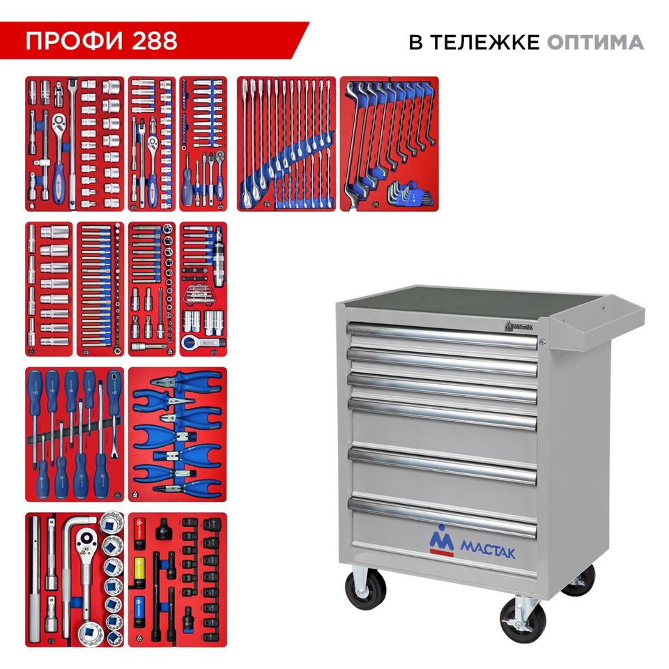 Набор инструментов 288 предметов, "ПРОФИ 288", в тележке, МАСТАК 52-06288