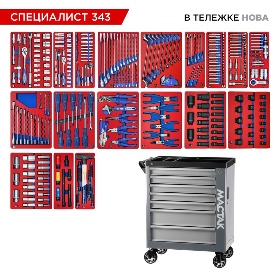 Набор инструментов 343 предмета, "СПЕЦИАЛИСТ 343", в тележке, МАСТАК 50-07343