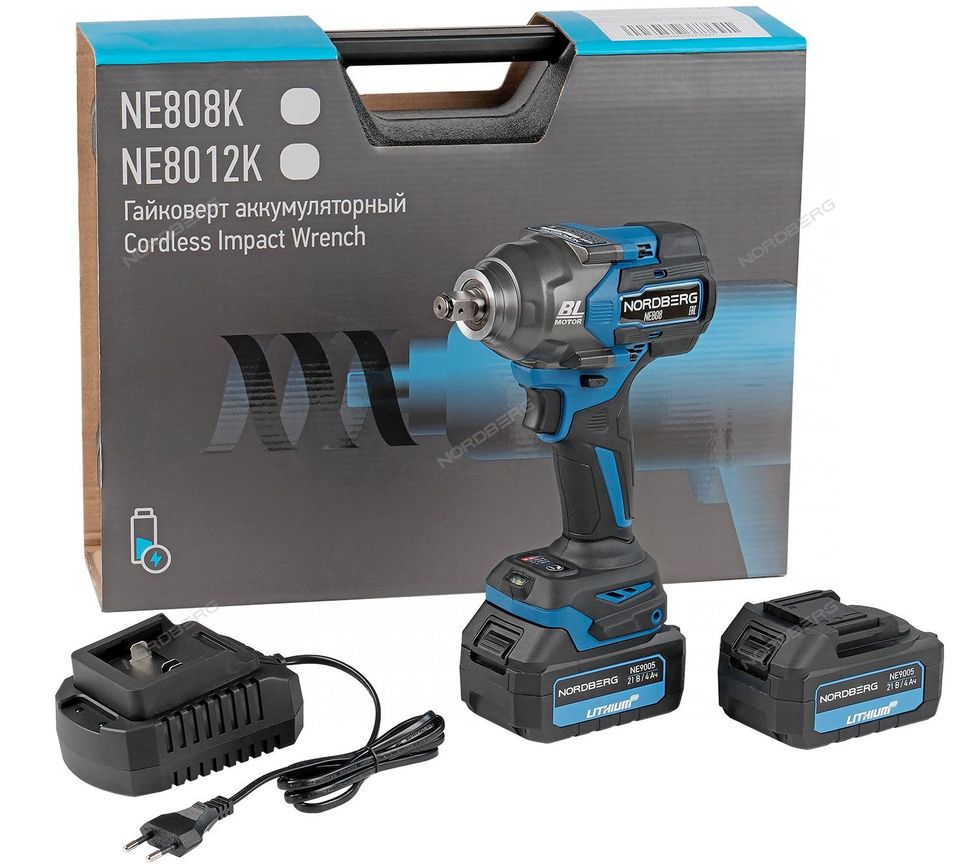 Гайковерт аккумуляторный NORDBERG NE808K (1/2", 20 В, 1000 Нм, 2 аккумулятора 4 A и зарядное устройство, в кейсе)