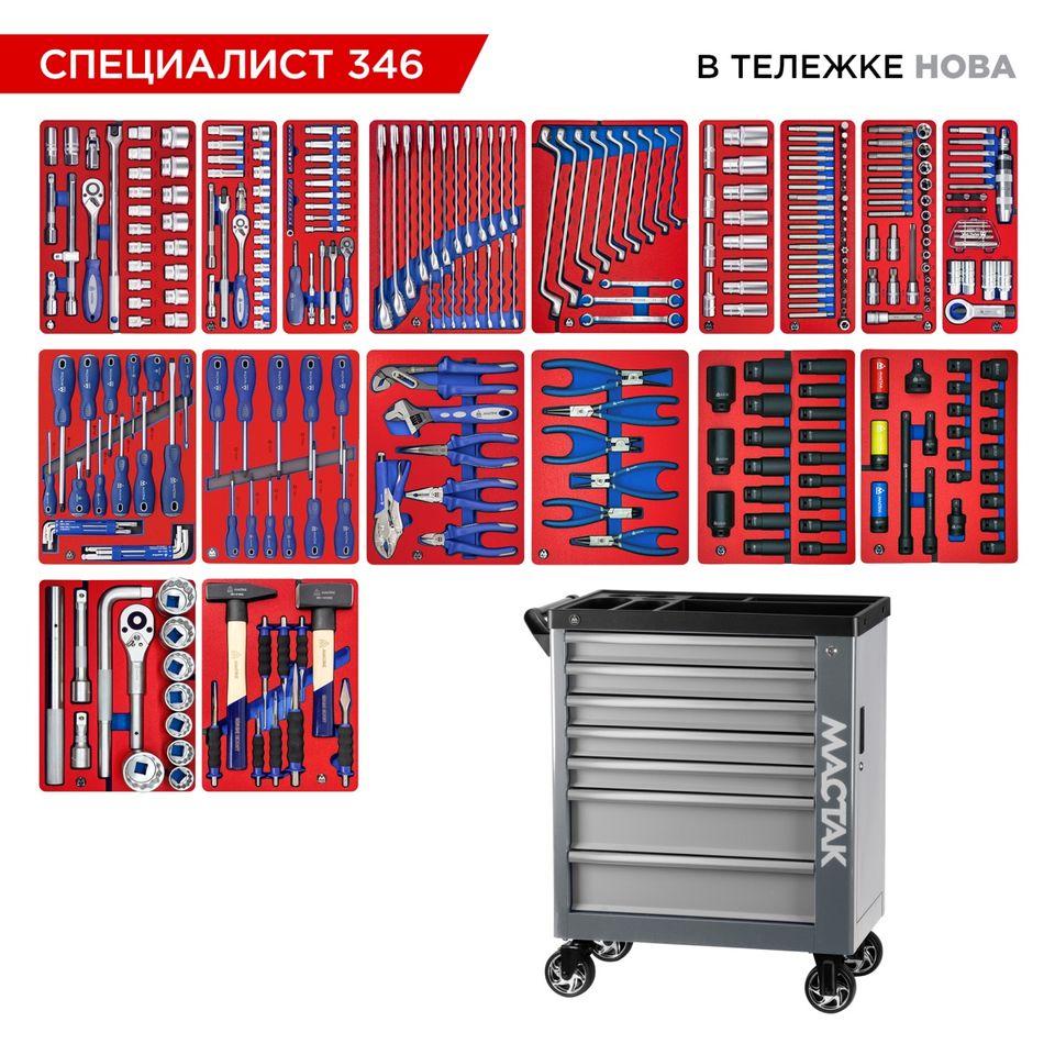 Набор инструментов 346 предметов, "СПЕЦИАЛИСТ 346", в тележке, МАСТАК 50-07346