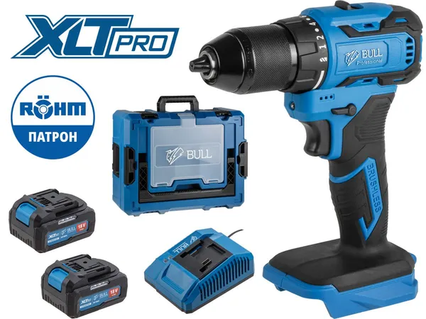 Аккум. дрель-шуруповерт BULL SR 1804 R-series Xcase XLTpro БЕСЩЕТ., Импульс., 18 В, 50 Н*м, 2х4 А*ч